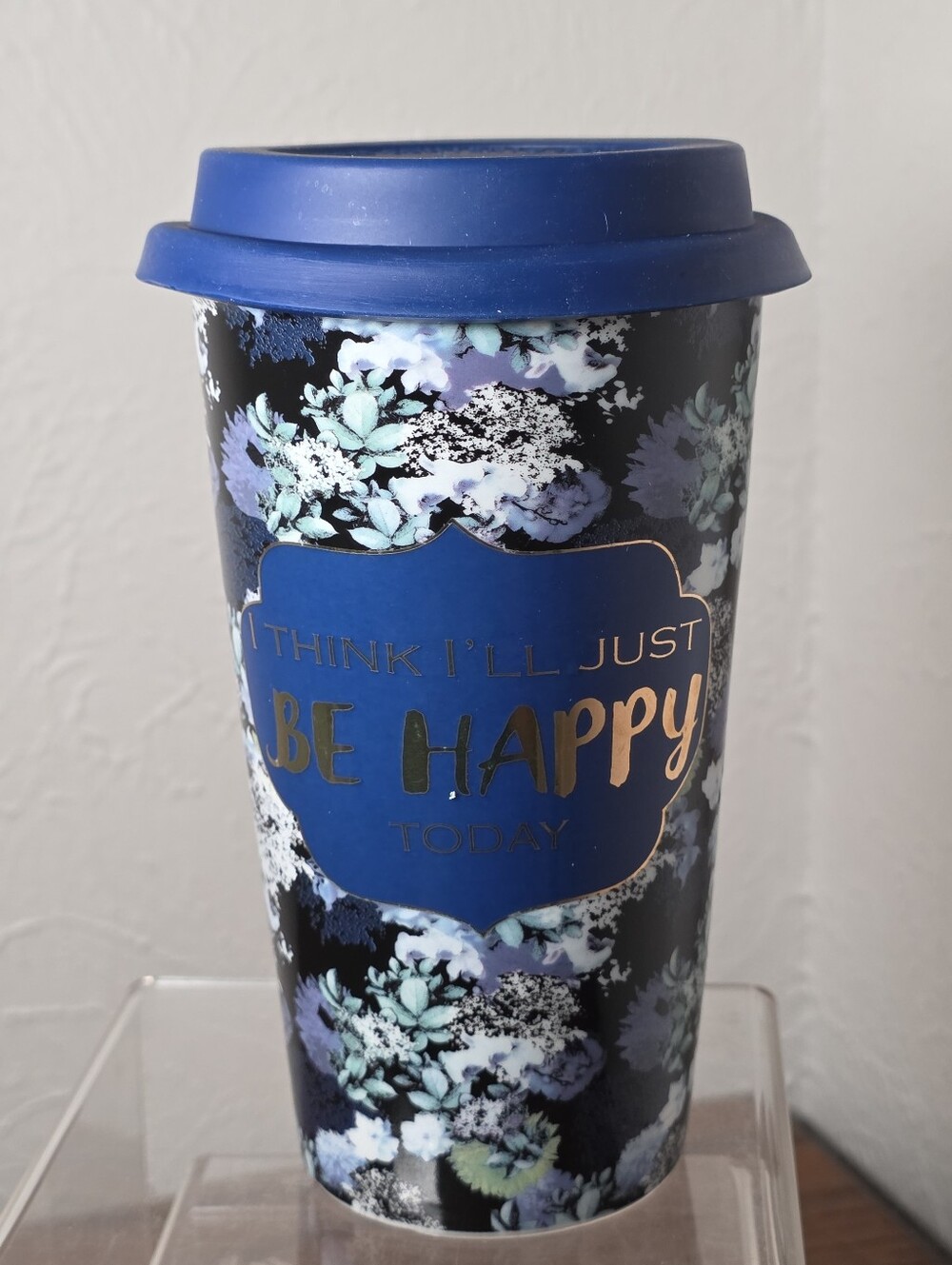 Charming Charlie "Think I'll just be happy” travel mug Blue Floral - Hand Wash